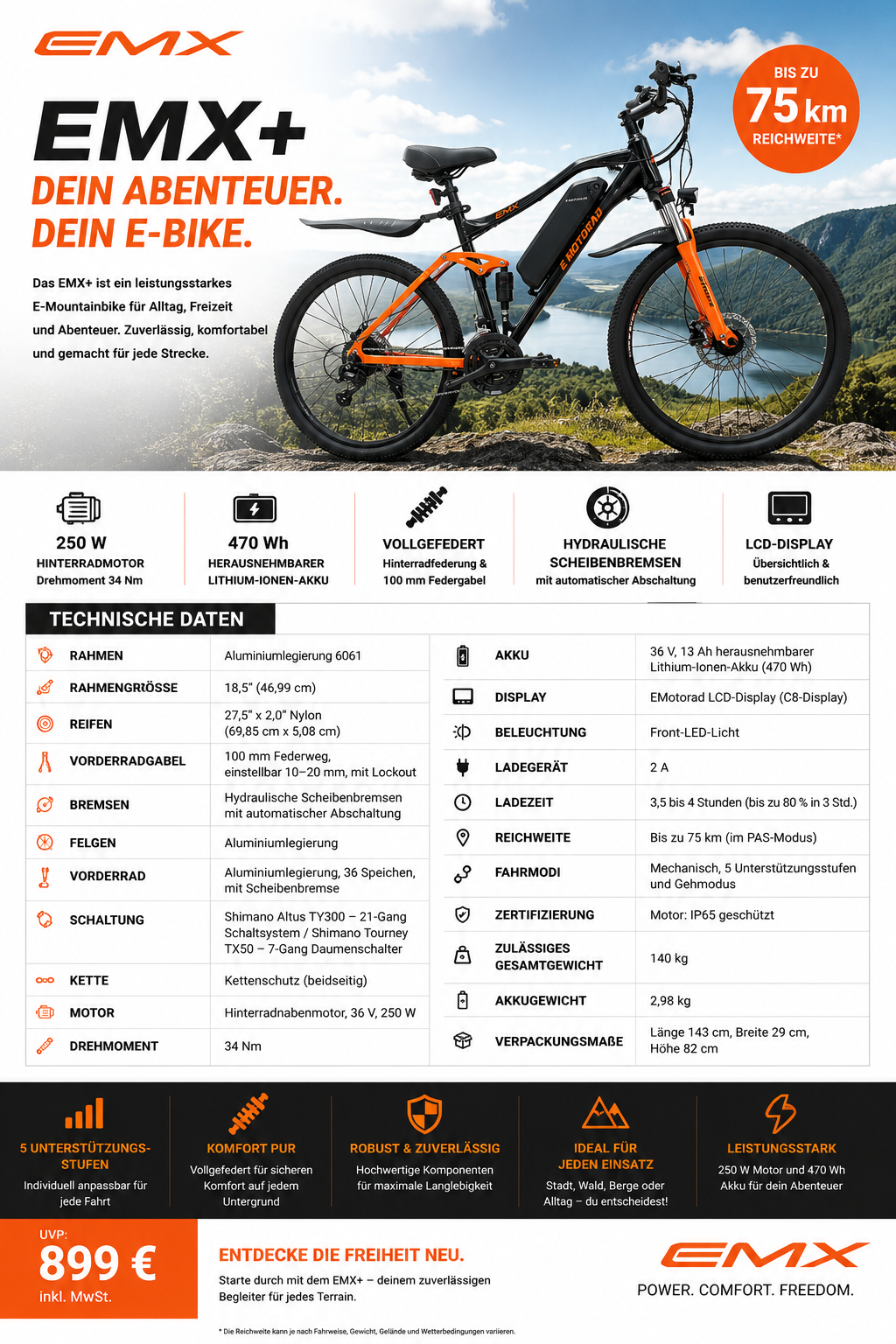 EMotorad EMX+ E-Mountainbike 27,5″ – 470 Wh Akku | Vollfederung | 250 W Heckmotor